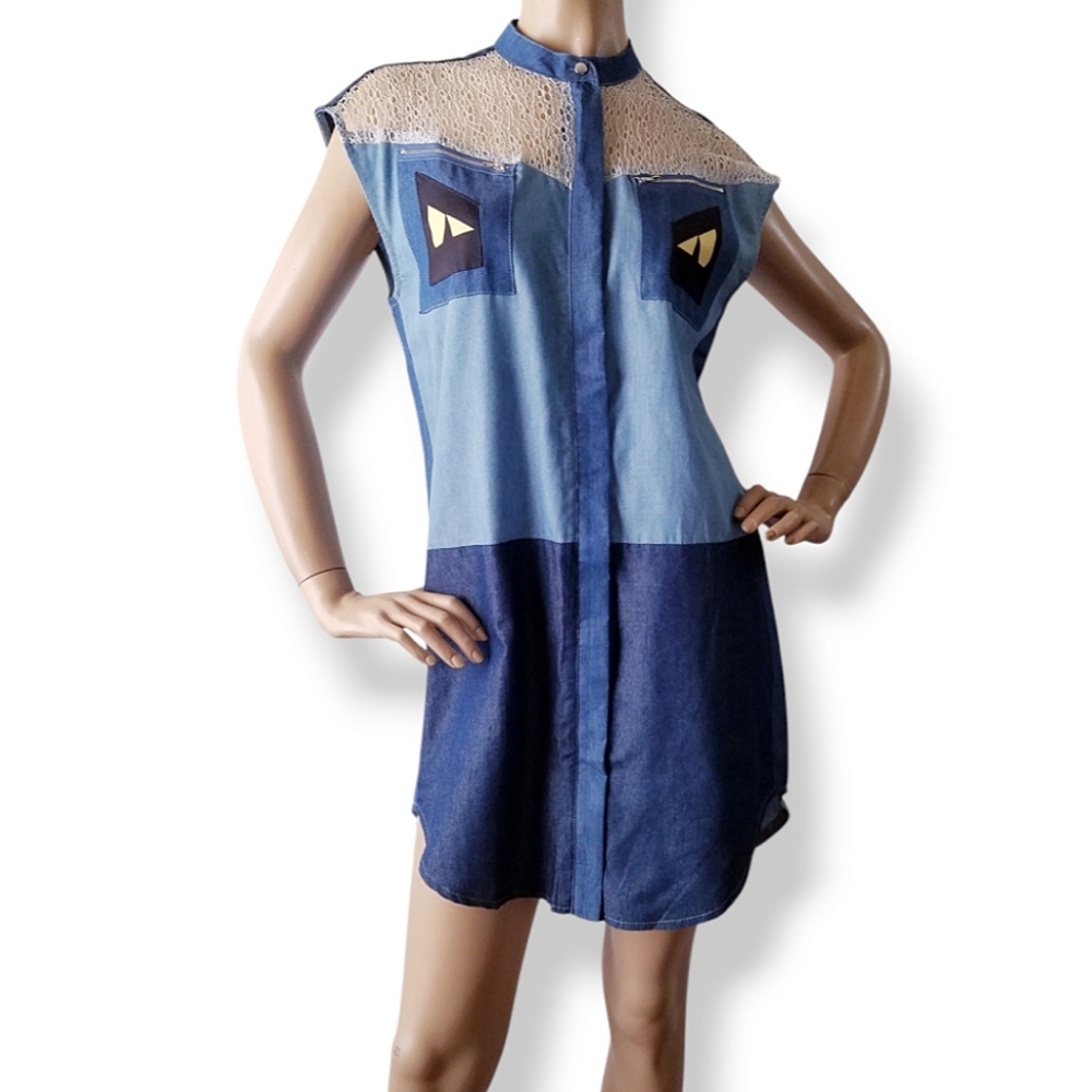 Denimland Blue Chambray "Yellow Eyes" Color Block Lace Panel Shift Tunic Dress